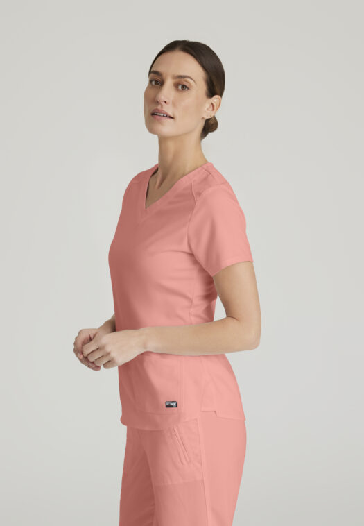 GREY'S ANATOMY™ CLASSIC EMMA TOP – 4 POCKET V-NECK TOP – GRST011 - BRIGHT PAPAYA - Image 2
